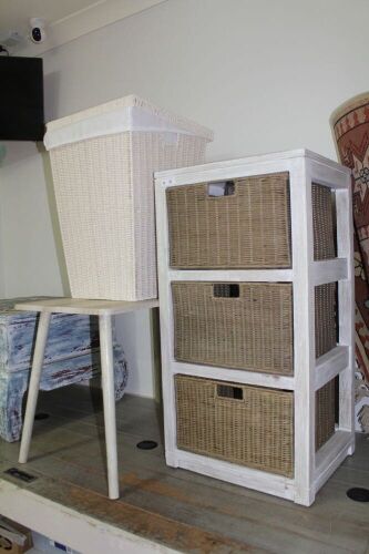 3 Flight Basket Drawers, Whitewashed Table and Woven Bin