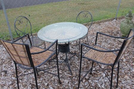 Iron and Wicker Glass Top Table, 2 Bar Stools + 2 Iron Chairs