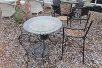 Iron and Wicker Glass Top Table, 2 Bar Stools + 2 Iron Chairs - 2