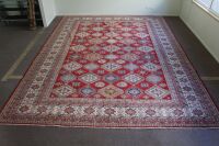 X-Large Hand Knotted & Naturally Dyed Turkish Wool Rug in Red Blue and Cream Geometric Design