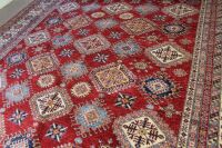 X-Large Hand Knotted & Naturally Dyed Turkish Wool Rug in Red Blue and Cream Geometric Design - 3