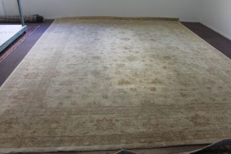 Large Turkish Naturally Dyed Wool Rug in Beige and Rose Pink Floral Design - As Is