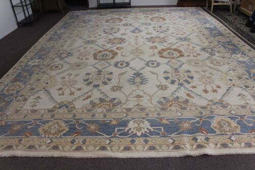 X-Large Hand Knotted & Naturally Dyed Turkish Wool Rug in Cream, Blue and Terracotta Floral Design