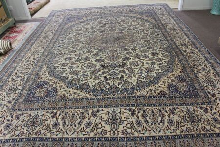 Large Finely Hand Knotted & Naturally Dyed Turkish Wool Rug in Blue and Cream Bird and Floral Design