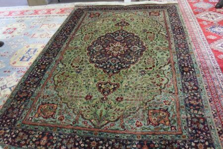 Large Hand Knotted & Naturally Dyed Turkish Wool Rug in Green and Navy Blue Floral Design