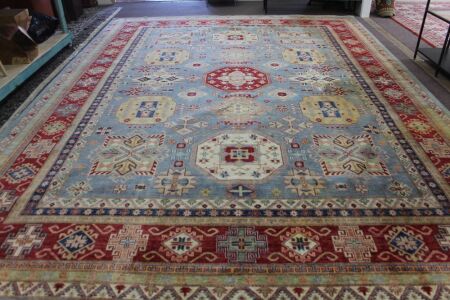 X-Large Hand Knotted & Naturally Dyed Turkish Wool Rug in Pale Blue, Red and Gold Geometric Design