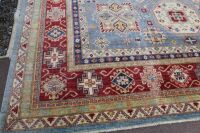 X-Large Hand Knotted & Naturally Dyed Turkish Wool Rug in Pale Blue, Red and Gold Geometric Design - 2