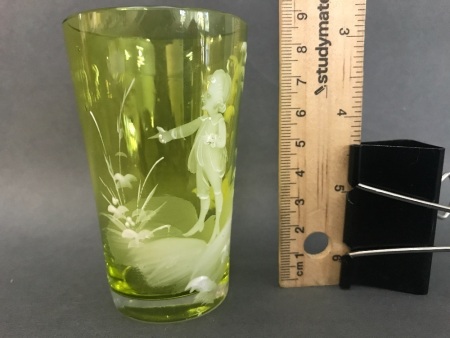Small Antique Yellow/Green Mary Gregory Glass Beaker
