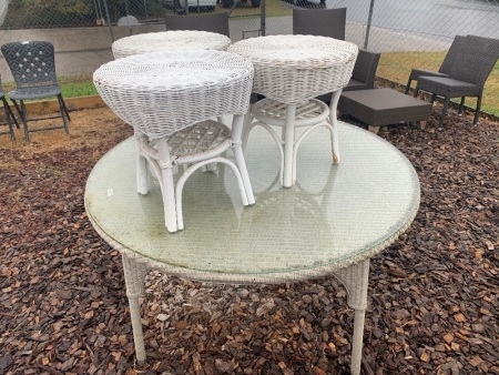 Large Round Wicker Table with Glass Top + 3 Small White Cane Stools/Tables