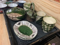 10 Pieces of Green Glazed Japanese Pottery on Bamboo Tray - Some Marked to Base