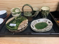 10 Pieces of Green Glazed Japanese Pottery on Bamboo Tray - Some Marked to Base - 2