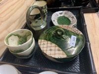 10 Pieces of Green Glazed Japanese Pottery on Bamboo Tray - Some Marked to Base - 3