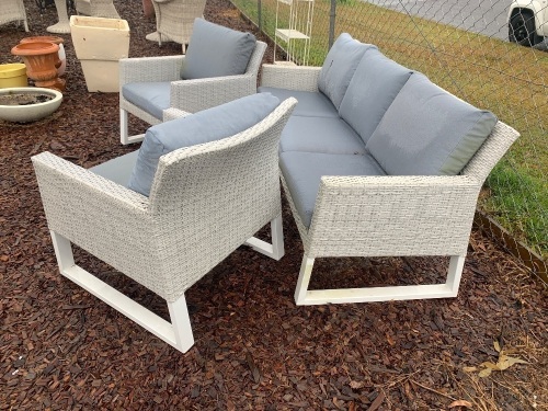 3 Piece Plastic Rattan Outdoor Set with Cushions - As Is