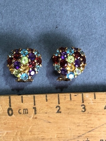 Pair of 18ct Gold Multi Gemstone Set Puffy Heart Clip-on Earrings - Set with Garnets, Amethysts, Citrine, Peridot, and Topaz