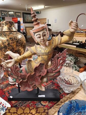 Large Carved & Painted Timber Thai Dancer on Stand