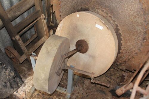 2 Vintage Grindstones - 1 on Metal Stand