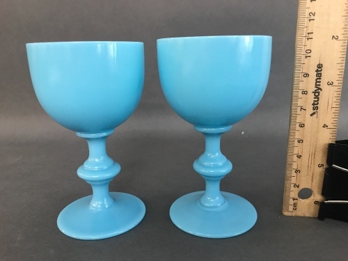 Pair of Antique French Blue Opaline Glass Goblets