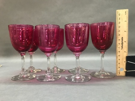 Collection of 7 Victorian Cranberry Wine Glasses
