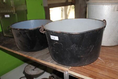2 Vintage Enamelled Steel Graduated Cook Pots