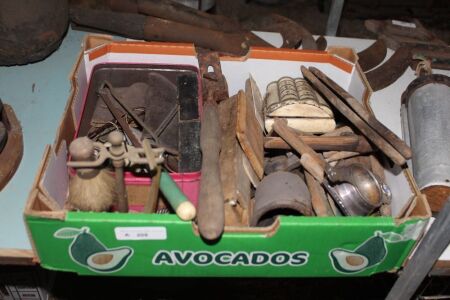 Box of Interesting Vintage Bric-a-Brac inc. Razors, Wire Framed Specs, Kitchenalia, Wooden Pegs Etc