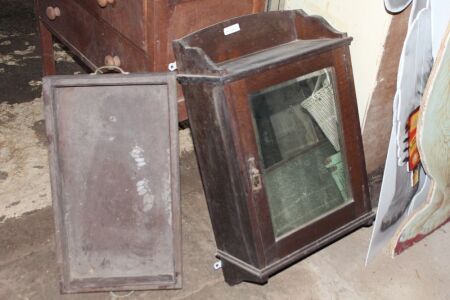 Vintage Silky Oak Wall Hanging Bathroom Cabinet with Bevelled Mirror + Brass Handled Drinks Tray