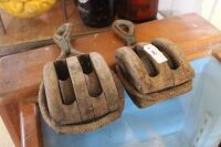 2 x Vintage Timber Nautical Double Pulley Blocks