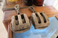 2 x Vintage Timber Nautical Double Pulley Blocks - 2