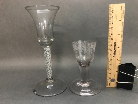 18th Century Opaque Twist Stem Glass As Is + Engraved Cordial Glass