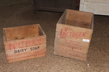 2 Vintage Timber Crates, Nutters Dairy Soap & Lactogen