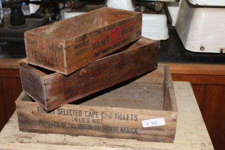 3 Small Vintage Timber Packing Crates inc. Cod + 2 Cheese