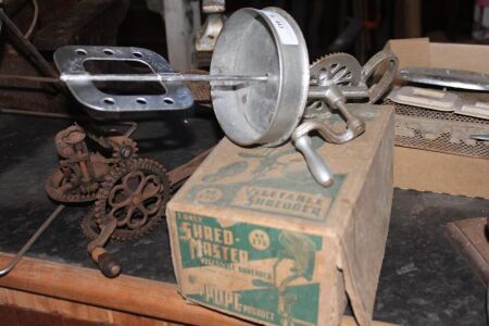 Asstd Lot of Vintage Kitchenalia inc. Antique Apple Peeler, Butter Churn & Boxed Shred Master