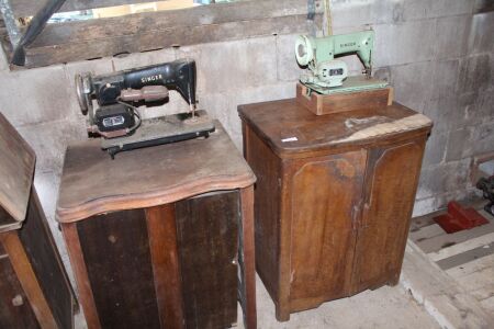 2 Vintage Singer Tradle Sewing Machines in Cabinets for Restoration