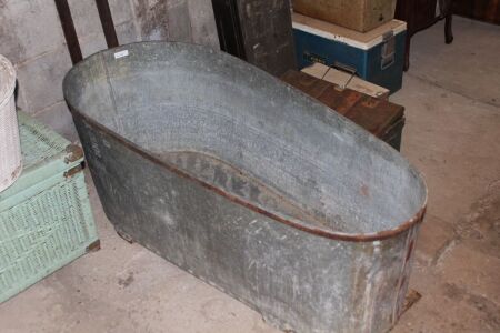 Antique Galvanised Bath with Steel Band at Top and Timber Base Below