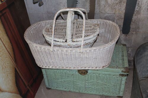 3 Painted Wicker Items - Picnic Basket, Bassinet, Hamper