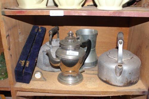 Shelf Lot of Alloy / Plated Jugs, Kettles Etc