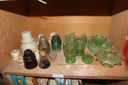 Shelf Lot of Green Glass and Insulators