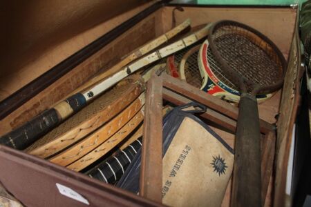 Vintage Port with Lot of Vintage Timber Tennis Rackets