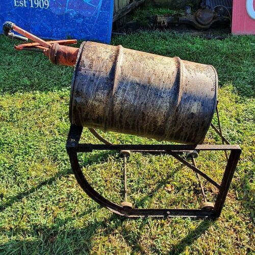 Vintage Oil Drum & Pump on Wheeled Steel Sled