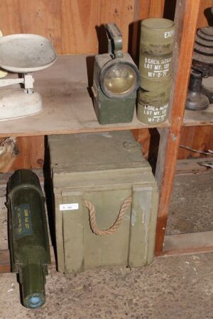 Asstd Lot Inc Ammo Box with Lots of Grenade Cannisters + Plastic 84mm Rocket Case & Lamp