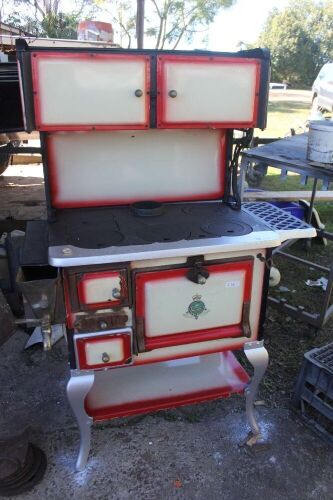 Crown No.1 Enamelled Wood Stove in Red and Cream in Working Order with Warmer Boxes and Water Fountain