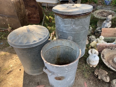 Vintage Galv. Australian Paper Mills Bin & 2 Galv Rubbish Bins - 1 No Lid