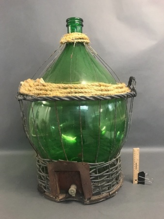 Vintage Large Bulbous Green Glass Wine Demijohn/Carboy in Basket