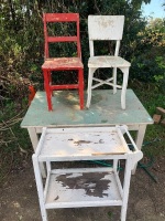 Vintage Farmhouse Table, 2 Vintage Timber Chairs and Tea Trolley
