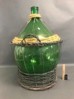 Vintage Large Bulbous Green Glass Wine Demijohn/Carboy in Basket - 2