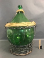 Vintage Large Bulbous Green Glass Wine Demijohn/Carboy in Basket - 3