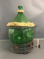 Vintage Large Bulbous Green Glass Wine Demijohn/Carboy in Basket - 4