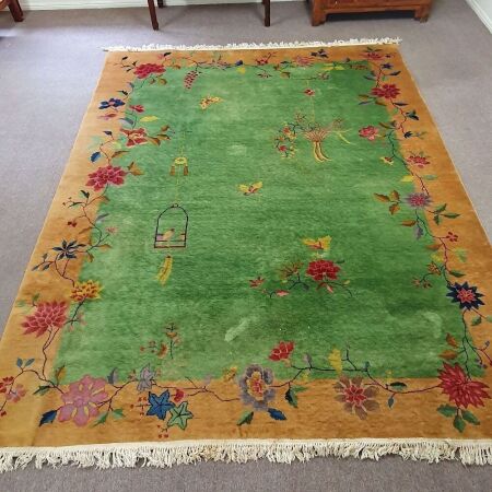 Large Woolen Pictorial Rug Depicting Birds and Butterflies in Green and Blue