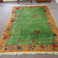 Large Woolen Pictorial Rug Depicting Birds and Butterflies in Green and Blue