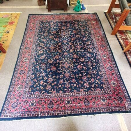 Large Vintage Hand Knotted Woolen Rug in Blues - Some Wear