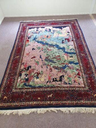 XL Finely Hand Knotted Silk/Wool Persian Qom Hunting Scene Rug - As Is